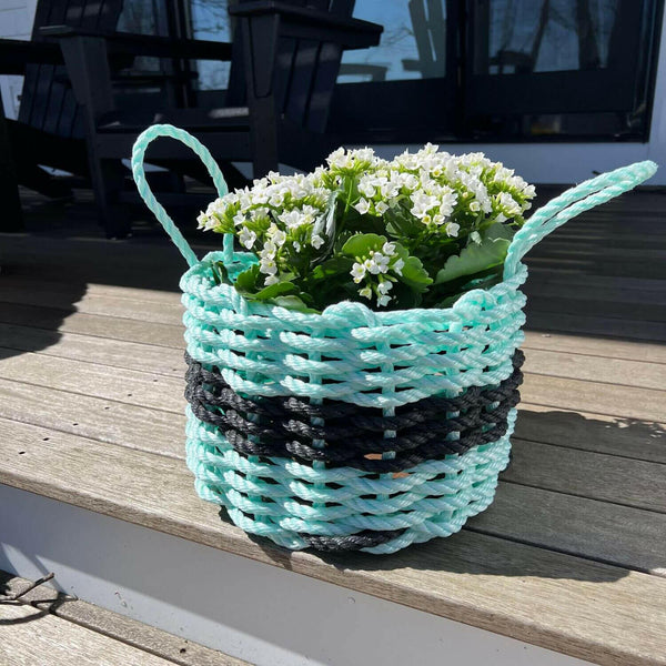 Lobster Rope Basket with White Flowers, Handwoven Coastal Planter Basket for Home or Outdoor Use