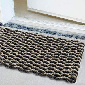 Lobster Rope Doormats, Outdoor Door Mats, Wicked Good Door Mats Made in Maine, Black & Dark Tan Double Weave, Angled View in Front Door