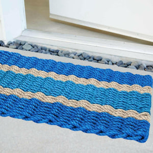 Lobster Rope Doormats, Outdoor Door Mats, Wicked Good Door Mats Made in Maine, Blue, Light Tan, Light Blue, Angled View in Front Door