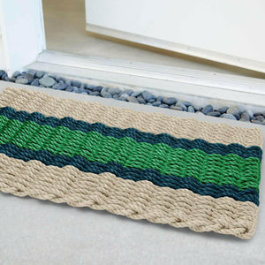 Lobster Rope Doormats, Outdoor Door Mats, Wicked Good Door Mats Made in Maine, Dark Tan, Navy, Green, Close Up View in Front Door