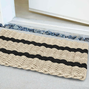 Lobster Rope Doormats, Outdoor Door Mats, Wicked Good Door Mats Made in Maine, Dark Tan with 2 Black Stripes, Angled View in Front Door