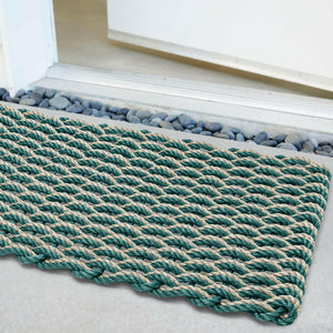 Lobster Rope Doormats, Outdoor Door Mats, Wicked Good Door Mats Made in Maine, Green & Dark Tan Double Weave, Angled View in Front Door