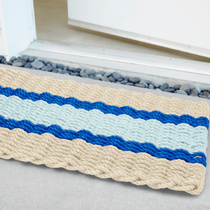 Lobster Rope Doormats, Outdoor Door Mats, Wicked Good Door Mats Made in Maine, Light Tan, Blue, Seafoam, Angled View in Front Door