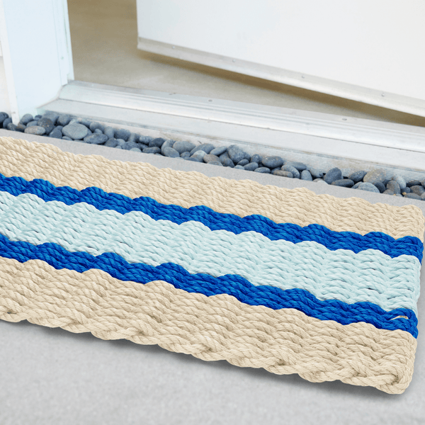 Lobster Rope Doormats, Outdoor Door Mats, Wicked Good Door Mats Made in Maine, Light Tan, Blue, Seafoam, Angled View in Front Door