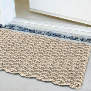 Lobster Rope Doormats, Outdoor Door Mats, Wicked Good Door Mats Made in Maine, Light & Dark Tan Double Weave, Angled View in Front Door