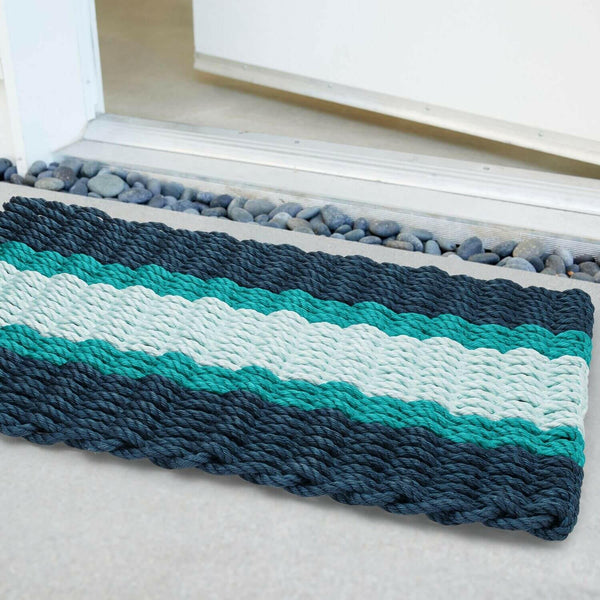 Lobster Rope Doormats, Outdoor Door Mats, Wicked Good Door Mats Made in Maine, Navy, Teal, Seafoam, Angled View in Front Door