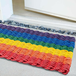 Lobster Rope Doormats, Outdoor Door Mats, Wicked Good Door Mats Made in Maine, Rainbow Stripe, Angled View in Front Door