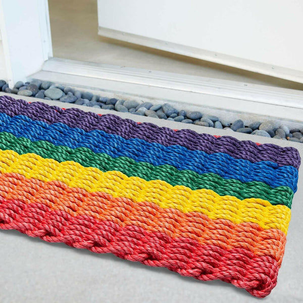 Lobster Rope Doormats, Outdoor Door Mats, Wicked Good Door Mats Made in Maine, Rainbow Stripe, Angled View in Front Door