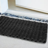Thumbnail for Lobster Rope Doormats, Outdoor Door Mats, Wicked Good Door Mats Made in Maine, Solid Black, Angled View in Front Door