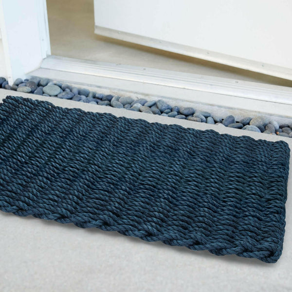 Lobster Rope Doormats, Outdoor Door Mats, Wicked Good Door Mats Made in Maine, Solid Navy, Close Up View in Front Door