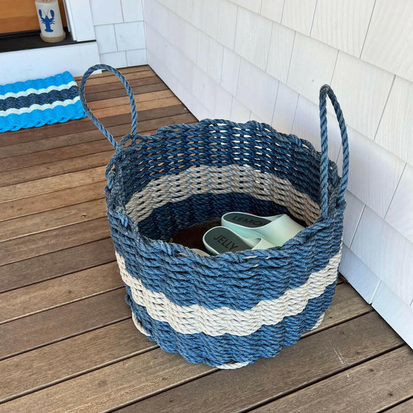 Oversized Lobster Rope Basket, 18 x 13, Navy with Seafoam Stripe
