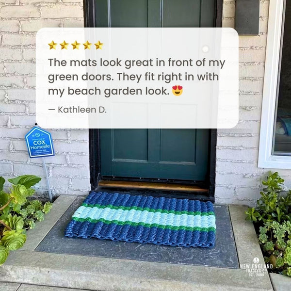 Wicked Good Doormats Testimonials - five star rating for Navy, Green, Seafoam Lobster Rope™ Doormat