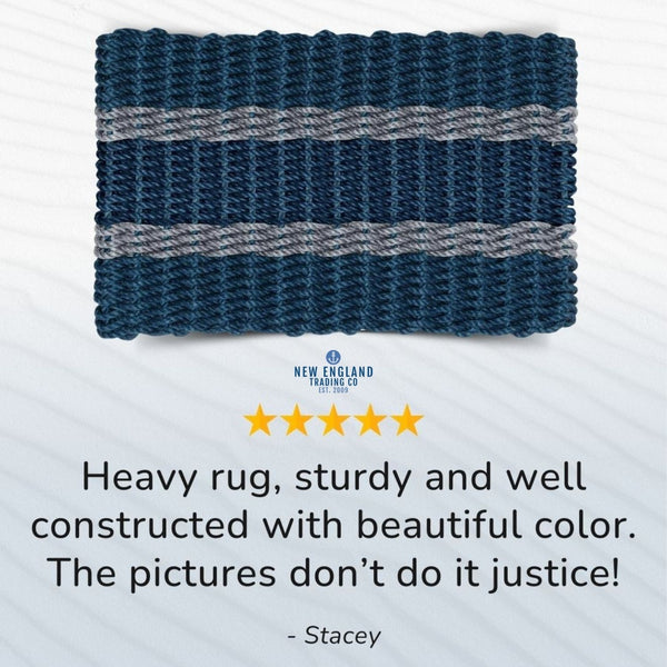 Wicked Good Doormats testimonials - five star rating for Navy with 2 Silver Stripes Lobster Rope™ Doormat