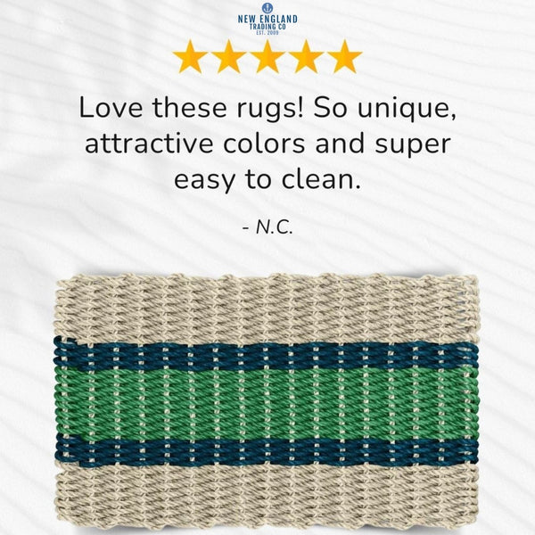 Wicked Good Doormats testimonials - five star rating for Sand, Navy, Green Lobster Rope™ Doormat