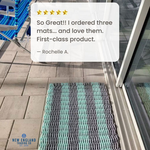 Wicked Good Doormats testimonials - 5 star rating for Silver & Seafoam™  Cabana Stripes Lobster Rope Doormat