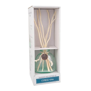 Windward Reed Diffuser in Cypress & Sea scent, 6 oz coastal fragrance in sea glass-style bottle with natural reeds, boxed for gifting