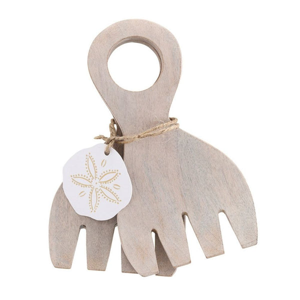 Mango wood salad serving set with claw design and sand dollar tag detail.