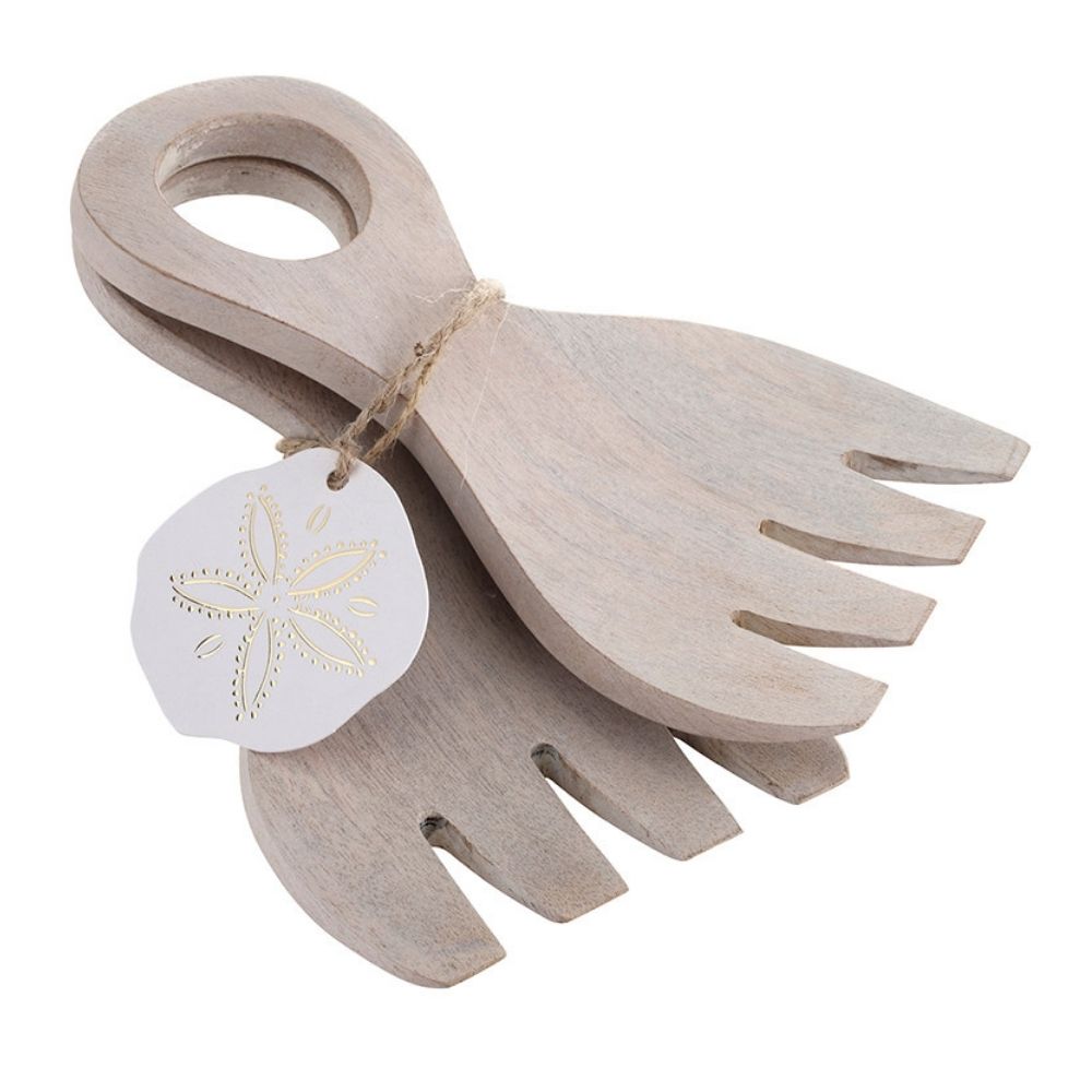 Mango wood salad serving set with claw design and sand dollar tag detail.