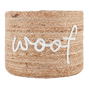 Natural woven jute basket with white Woof embroidery