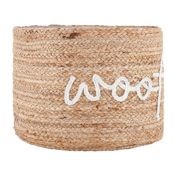 Round jute storage basket with white Woof script detail