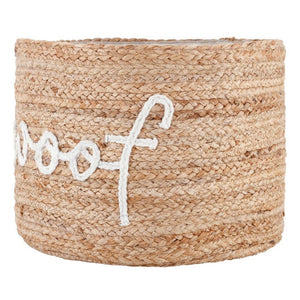 Round jute storage basket with white Woof script detail