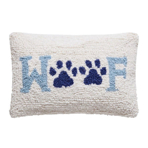 Decorative dog lover pillow with blue paw prints and lettering