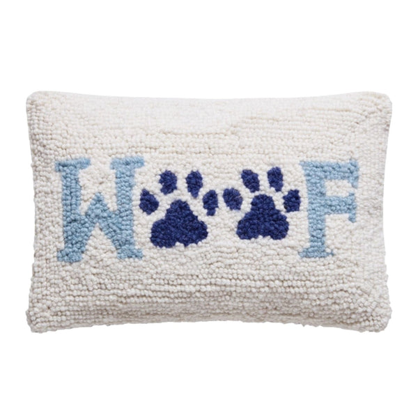 Decorative dog lover pillow with blue paw prints and lettering
