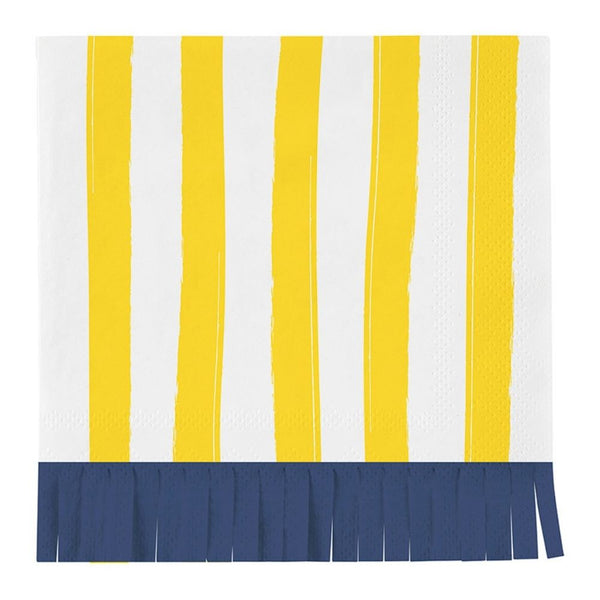 Yellow striped paper cocktail napkin with decorative fringe edge