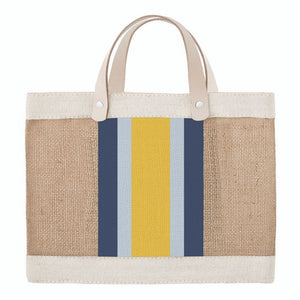 Mini jute market tote bag with yellow stripe and leather handles on neutral background