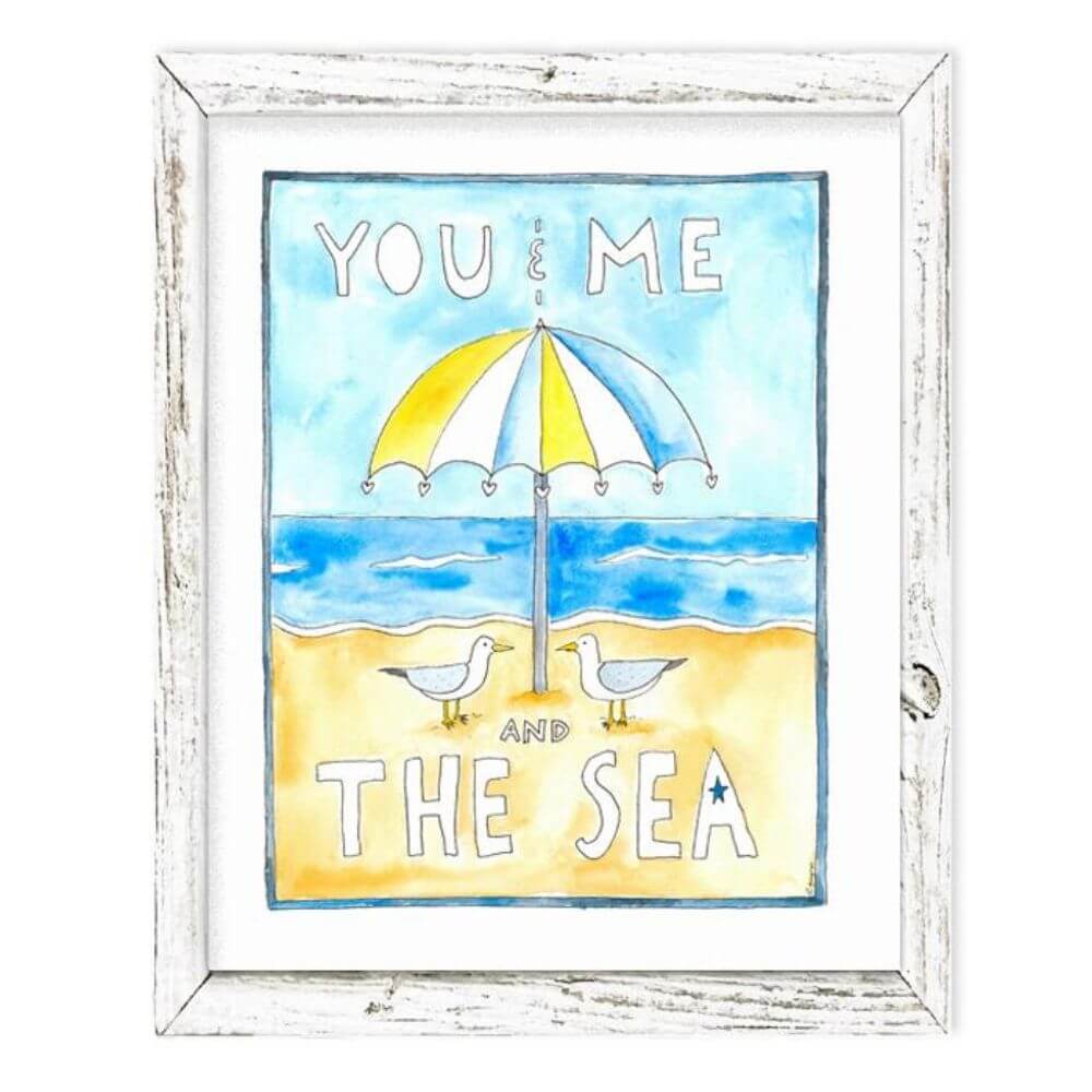 You and Me and the Sea 7.75 x 9.75 Beach Coastal Art, Reclaimed White Wood Frame