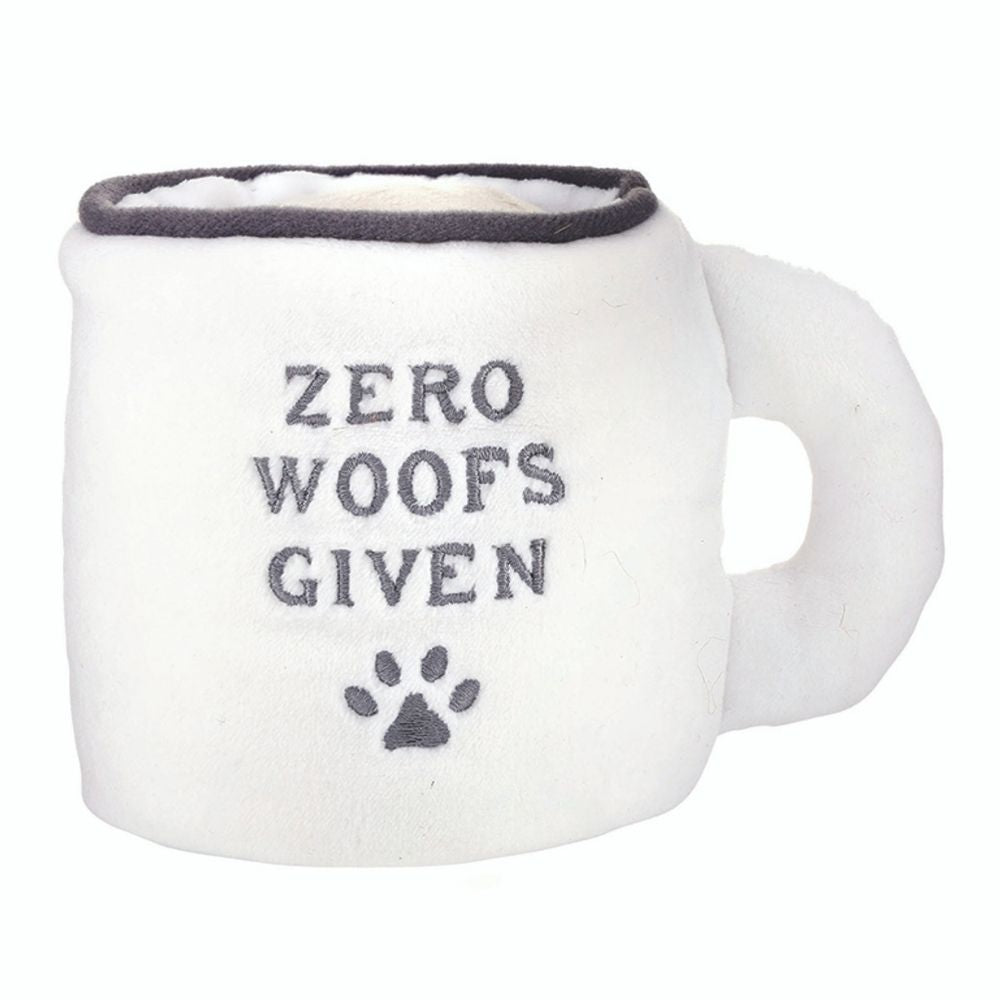 Plush dog toy shaped like a coffee mug with Zero Woofs Given text