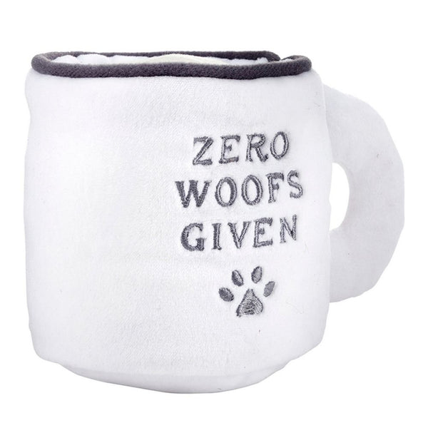 Funny mug shaped dog toy with paw print embroidery and squeaker