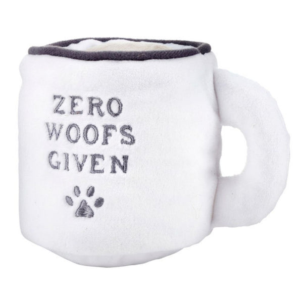 White plush squeaker dog toy mug with embroidered Zero Woofs Given phrase