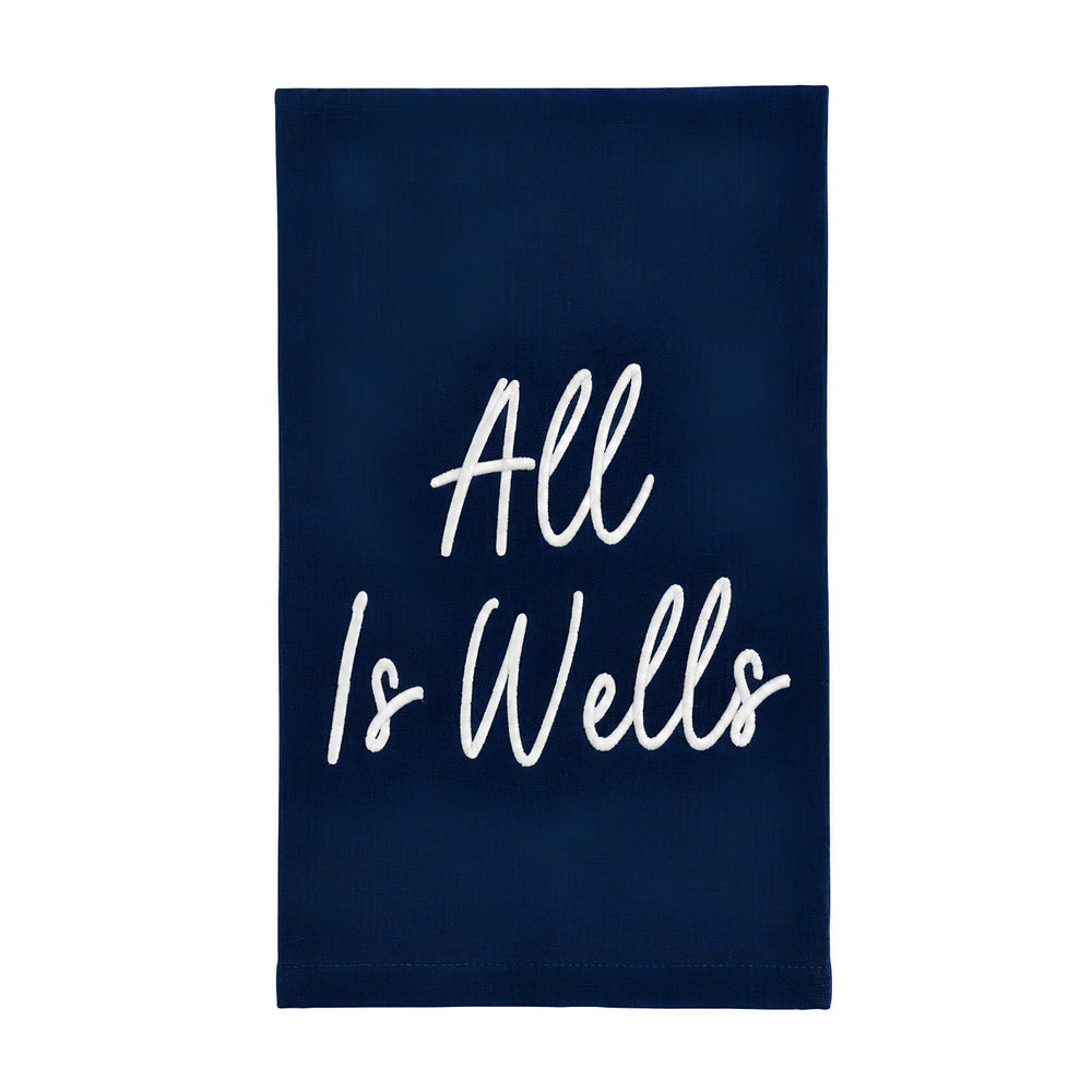 Navy Linen Blend Tea Towel With White Embroidered All Is Wells™ Phrase, Maine Coastal Gifts