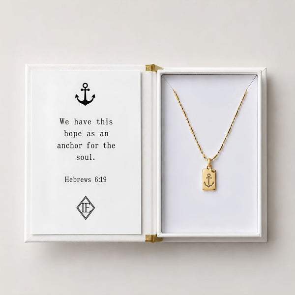 Gold Anchor Necklace In Book Inspired Gift Box With Hebrews 6:19 Verse Card, Christian Gift And Faith Jewelry