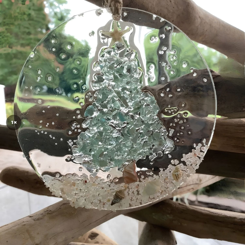 Aqua Coastal Christmas Tree Ornament With Crushed Glass, Seashells, Starfish, Sandy Beach, And Clear Acrylic
