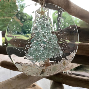 Aqua Crushed Glass Christmas Ornament With Starfish, Seashells, Beach Scene, Coastal Holiday Decor, And Acrylic