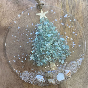 Aqua Christmas Ornament With Crushed Glass Tree, Seashells, Starfish, Sandy Beach, Coastal Decor, And Acrylic Design