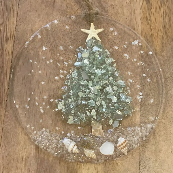Aqua Christmas Ornament With Crushed Glass Tree, Seashells, Starfish, Sandy Beach, Coastal Decor, And Acrylic Design