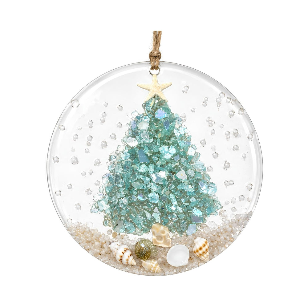 Aqua Coastal Christmas Tree Ornament With Crushed Glass, Seashells, Starfish, Sandy Beach, And Clear Acrylic