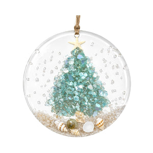Aqua Coastal Christmas Tree Ornament With Crushed Glass, Seashells, Starfish, Sandy Beach, And Clear Acrylic