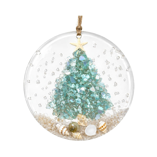 Aqua Coastal Christmas Tree Ornament With Crushed Glass, Seashells, Starfish, Sandy Beach, And Clear Acrylic