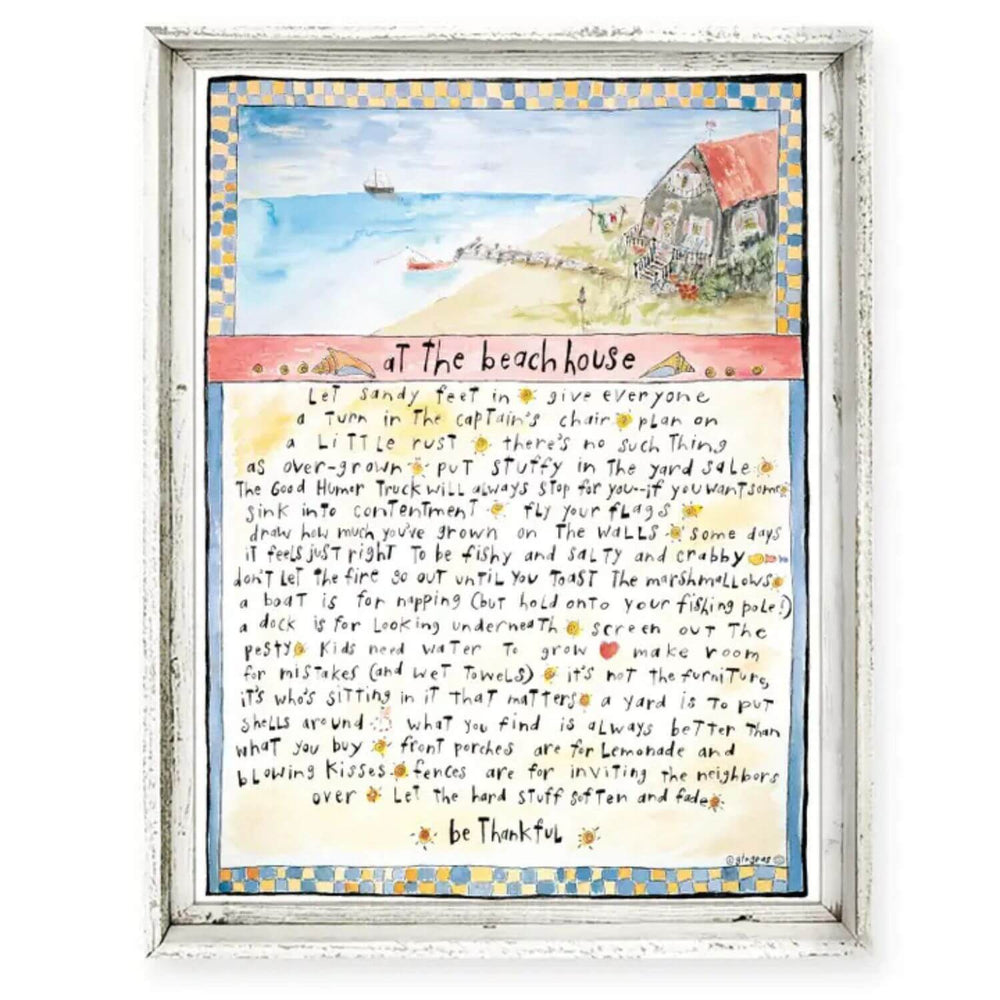"At the Beach House" 13.5 x 17.5 Coastal Art, Reclaimed White Wood Frame