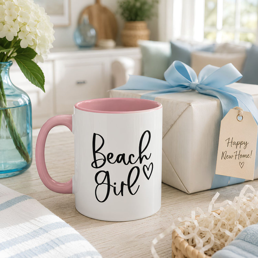 Pink Beach Girl Ceramic Coffee Mug With Black Script Lettering, Coastal Drinkware