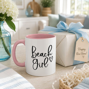 Pink Beach Girl Ceramic Coffee Mug Styled With a Blue Ribbon Gift Box, Coastal Gifts