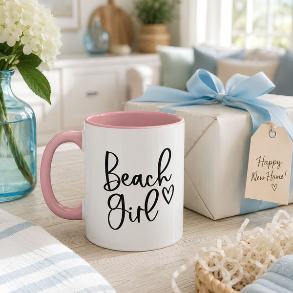 Pink Beach Girl Ceramic Coffee Mug Styled With a Blue Ribbon Gift Box, Coastal Gifts