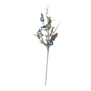 A  decorative pick featuring realistic blue berries, pinecones, and green leaves on a natural stem, perfect for adding rustic, coastal-inspired texture to wreaths, vases, or centerpieces.