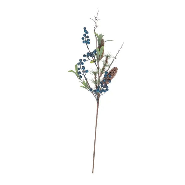 A  decorative pick featuring realistic blue berries, pinecones, and green leaves on a natural stem, perfect for adding rustic, coastal-inspired texture to wreaths, vases, or centerpieces.