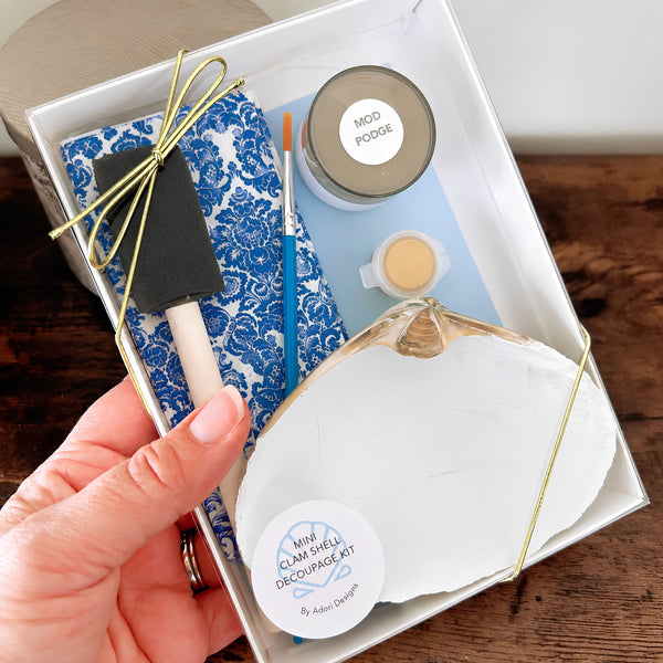 DIY Seashell Trinket Kit In Gift Box With Blue Damask Shell And Craft Supplies, Coastal Art Gifts