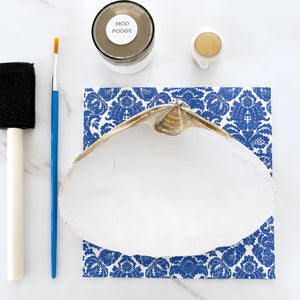 Blue Damask Seashell DIY Craft Kit With Paintbrush And Decoupage Supplies, Coastal Gift Ideas
